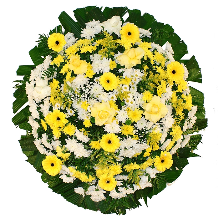 Coroa de flores naturais branca e amarela P