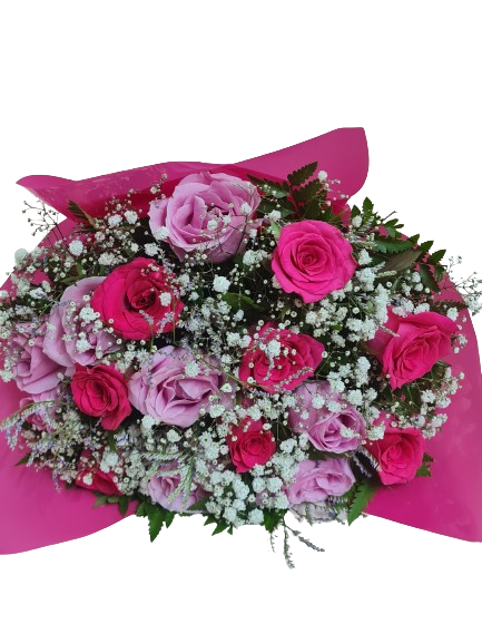 Buqu com 12 rosas pink e lilas