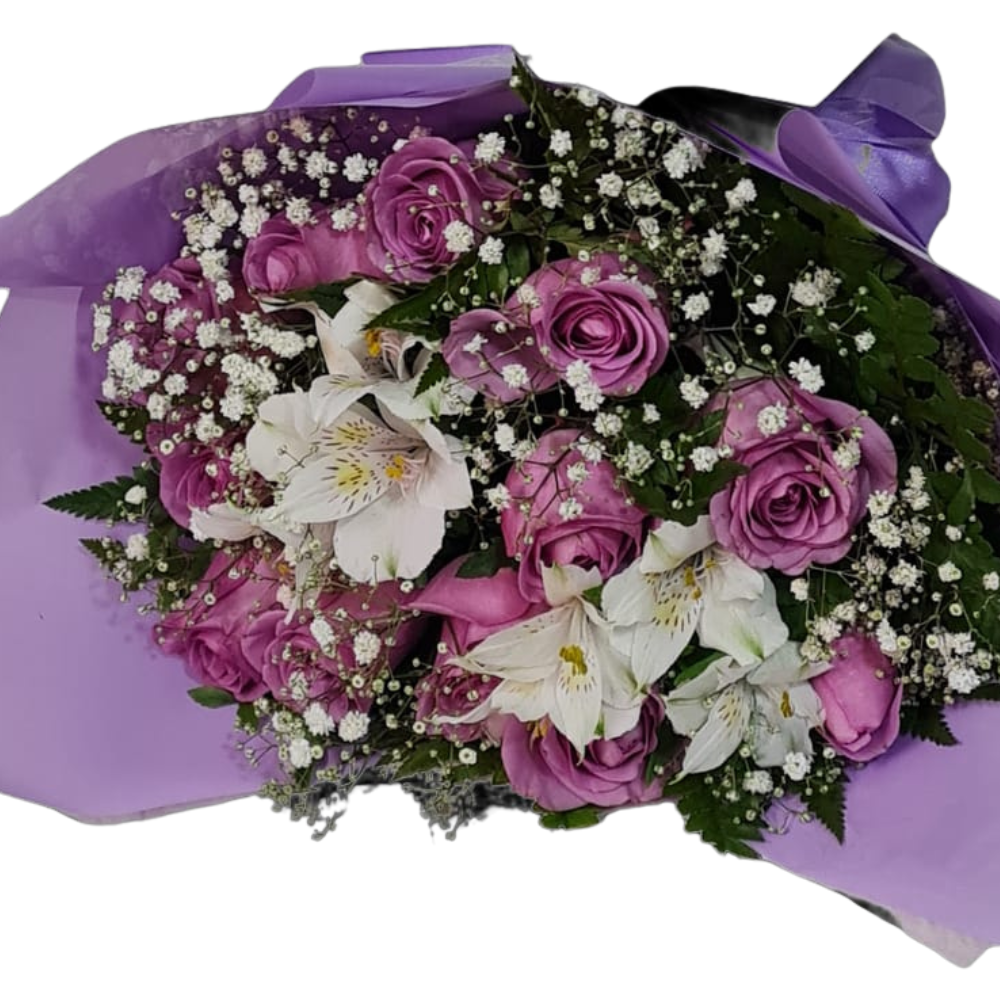 Buqu� com 10 rosas lilas e 2 austroem�rias brancas