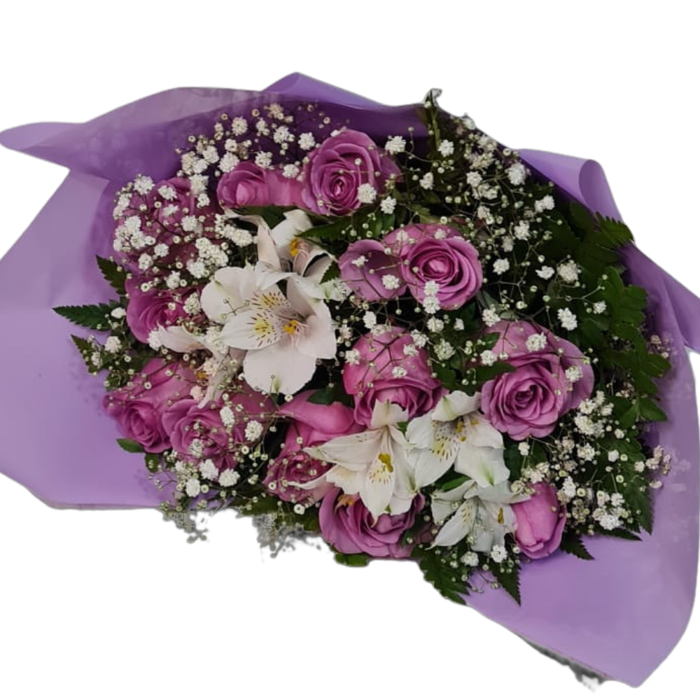 Buqu� com 10 rosas lilas e 2 austroem�rias brancas